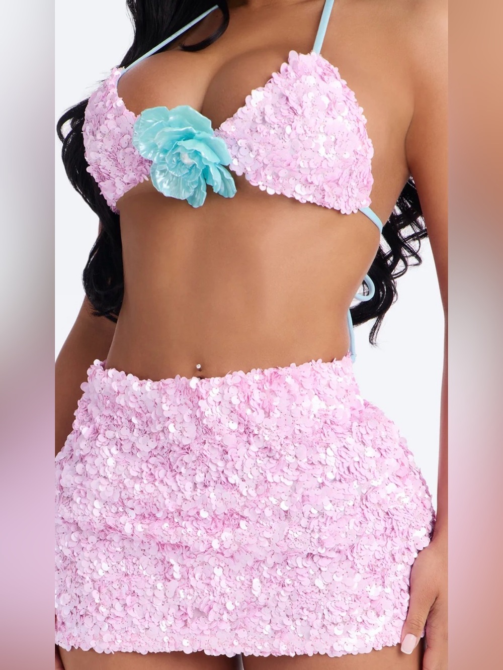 NWT Fashion Nova Pink Sequin Bikini with Blue Flower Accent size XL 3 piece